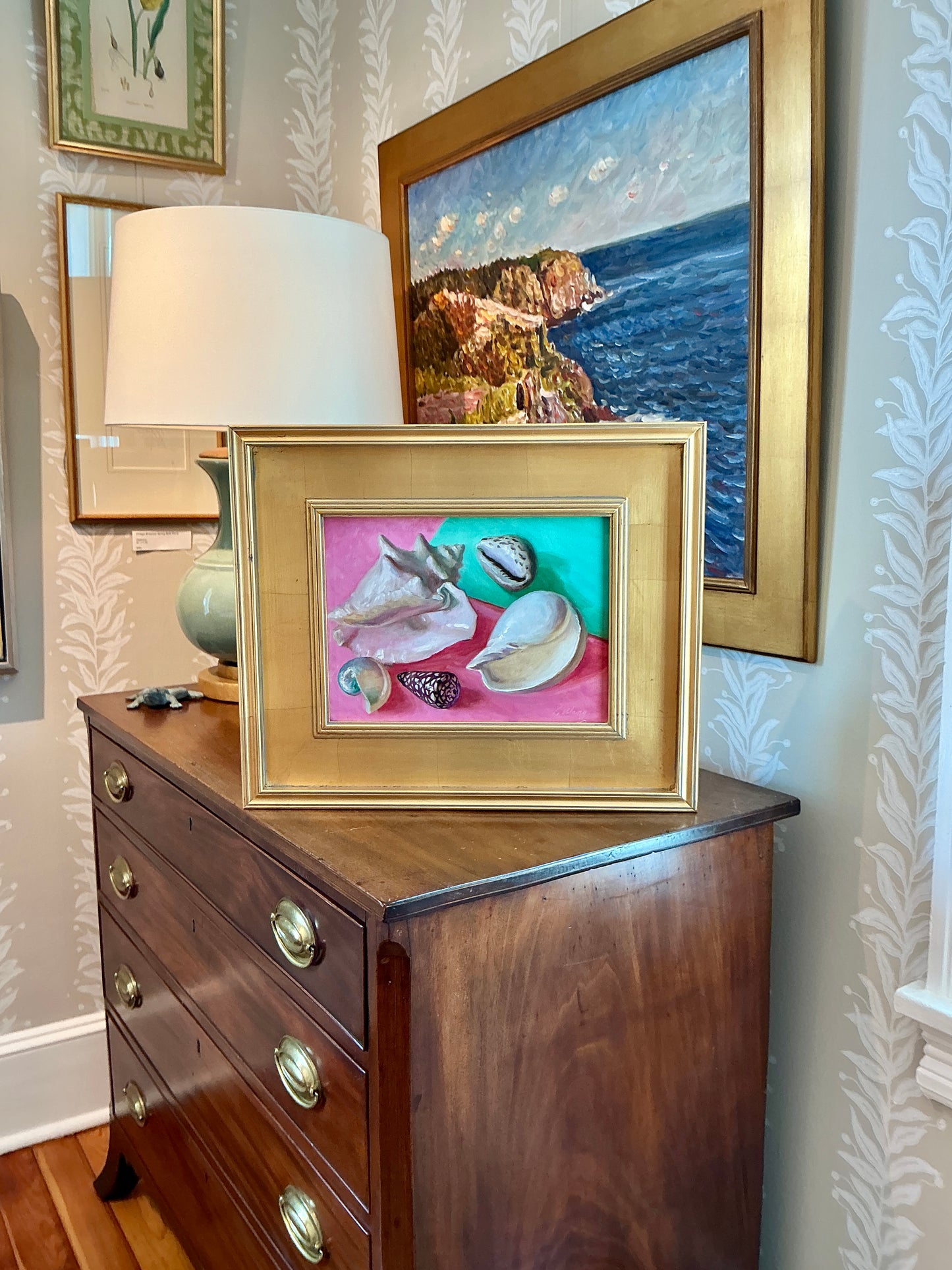 Youqing Wang Seashells On Pink and Teal Still Life Oil Painting in Gold Frame