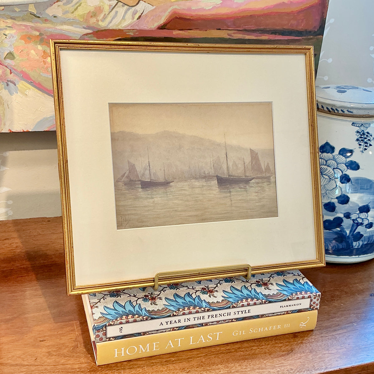 P.A. Beale Early 20th Century Misty Morning Sailboat Watercolor Painting in Gold Frame