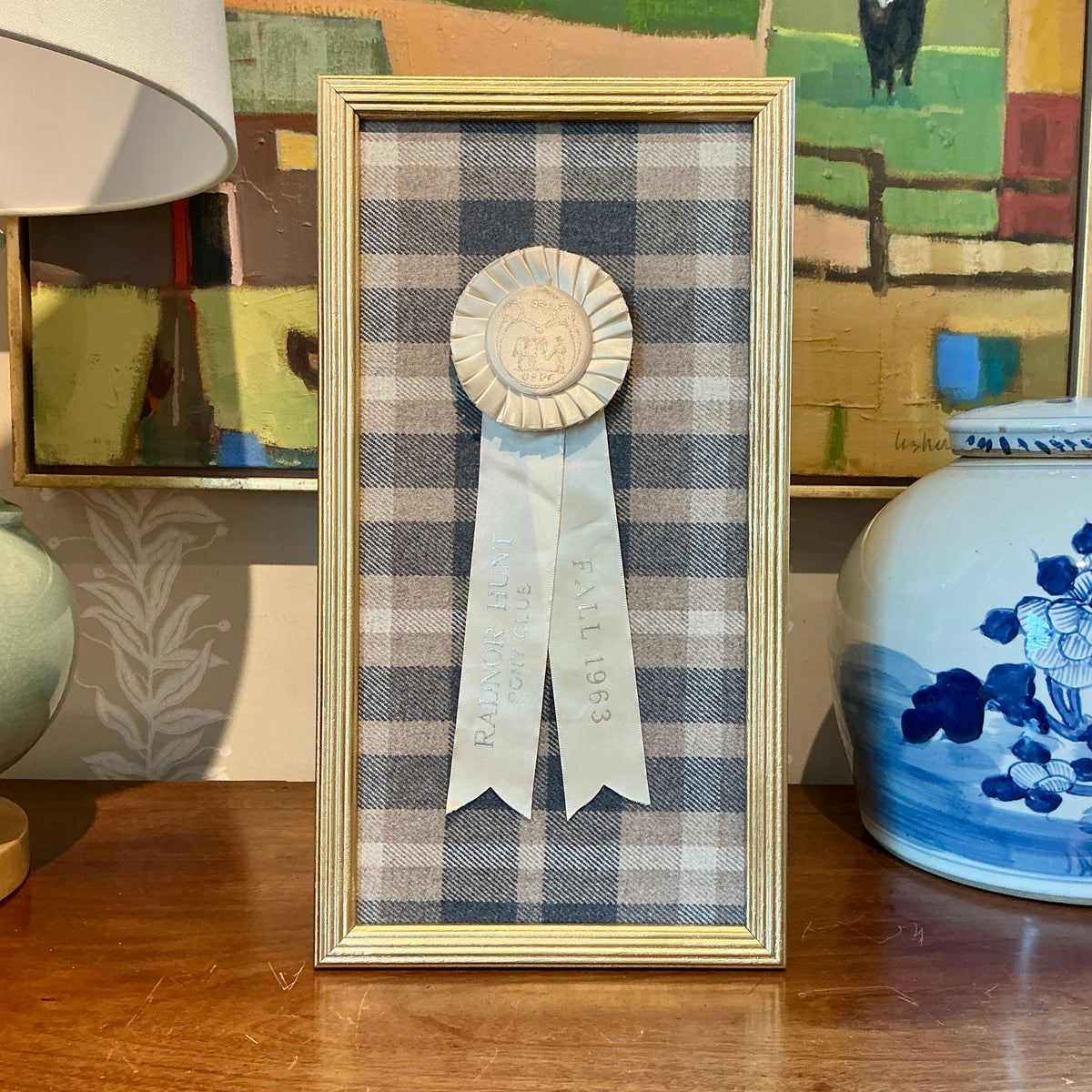 Vintage Radnor Hunt Pony Club Horse Show Ribbon on Vintage Wool Plaid in Gold Frame