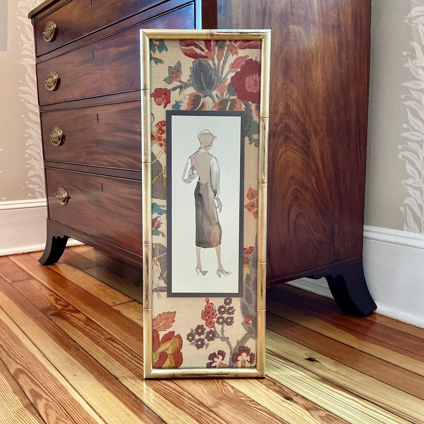 Catherine Figart Vogue Watercolor Fashion Illustration on Schumacher Persian Lancer Linen in Gold Bamboo Frame