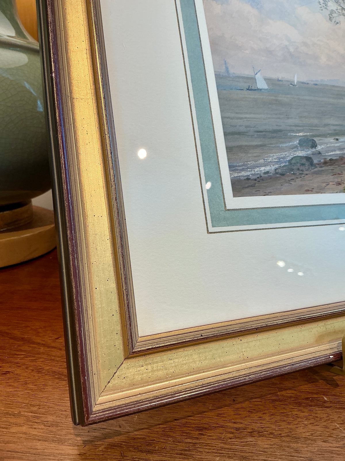 19th Century Watercolor Sailboats in Seascape Coastal Landscape in Gold Frame