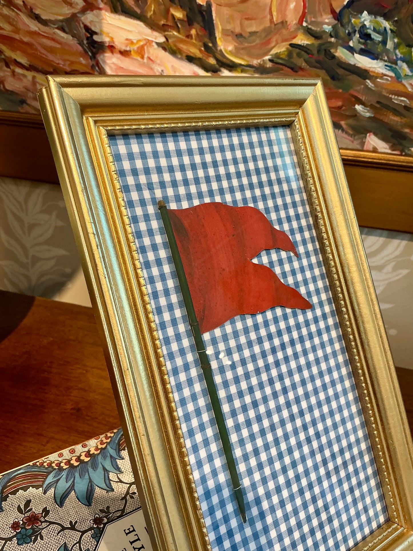 Antique 1905 Nautical Red Flag Oil Painting on Blue Gingham in Gold Frame