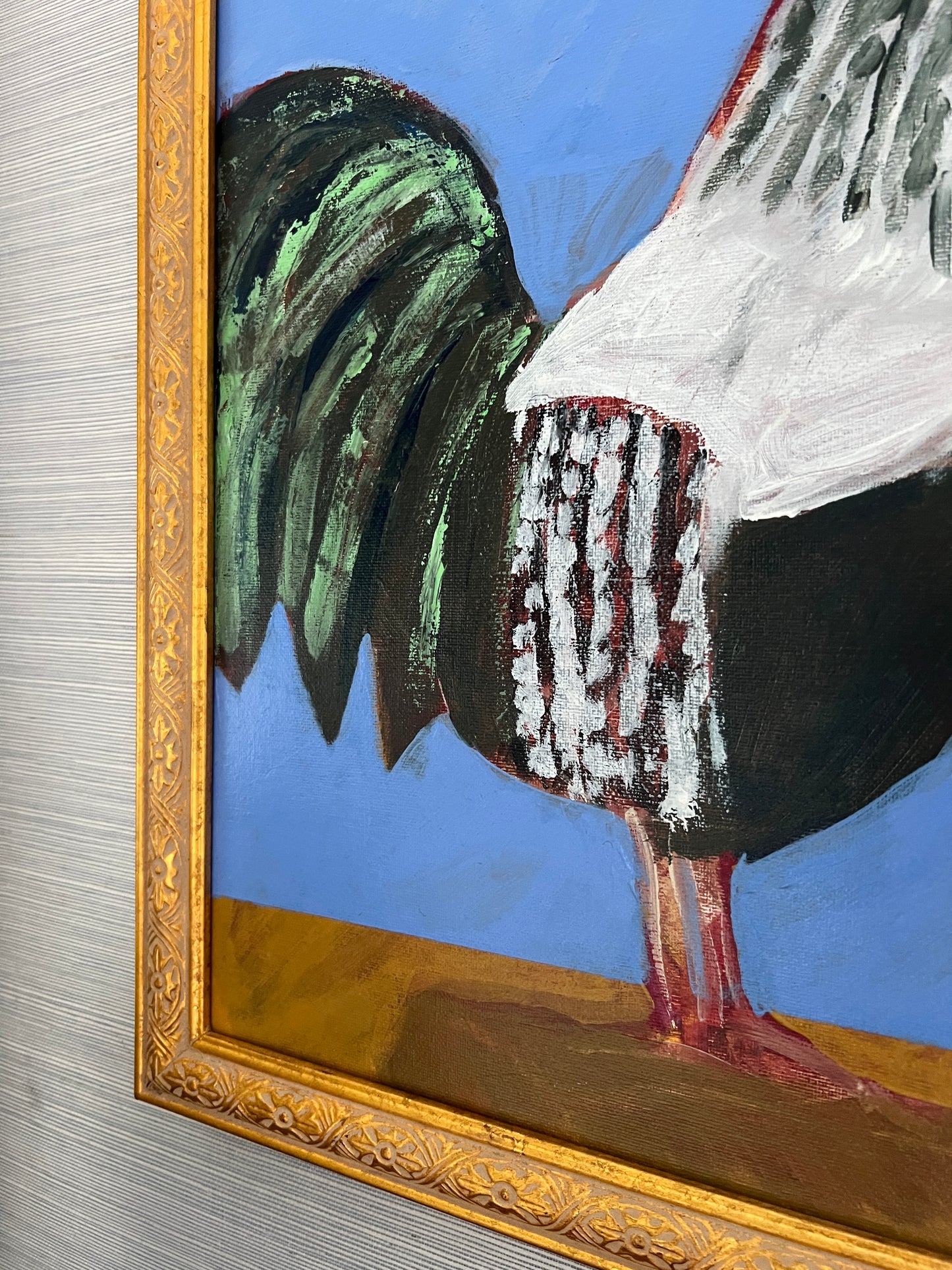 Contemporary Rooster Folk Art Portrait Painting in Carved Gold Frame
