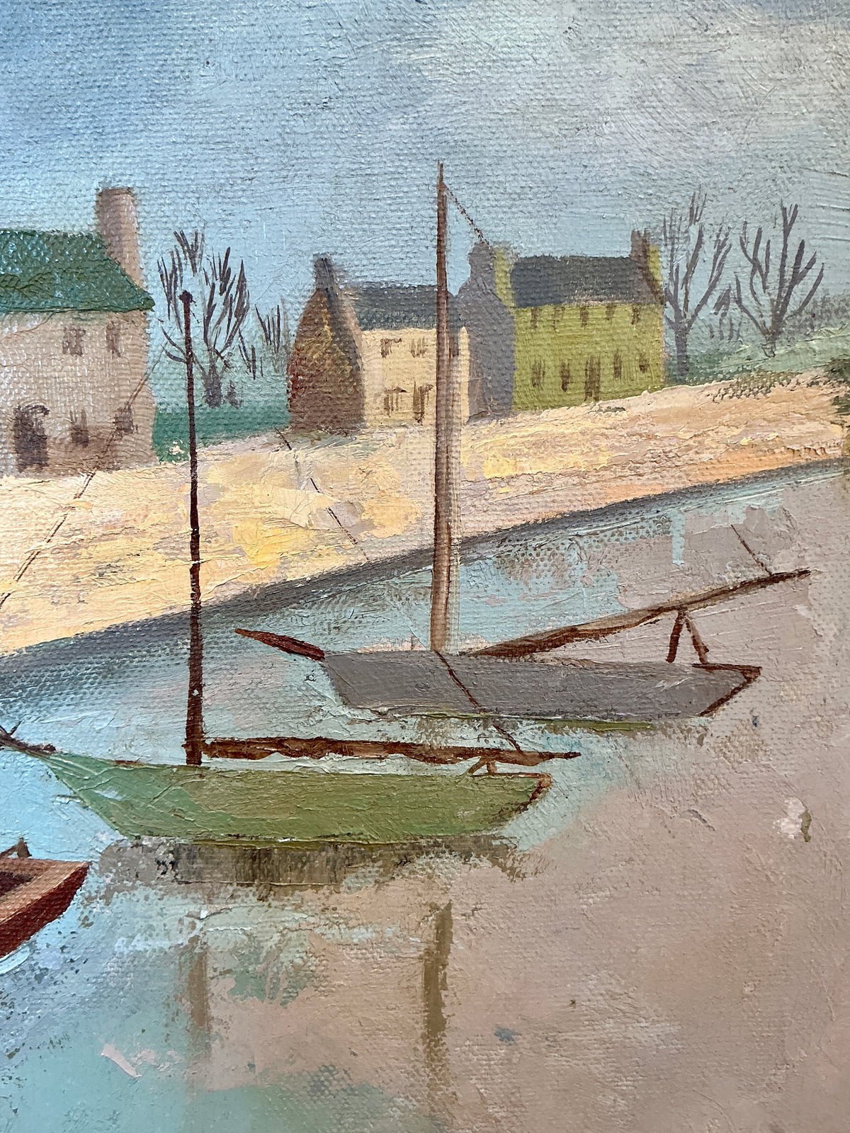 Lisl Beer 1953 Coastal Landscape with Boats Oil Painting in Gold Frame