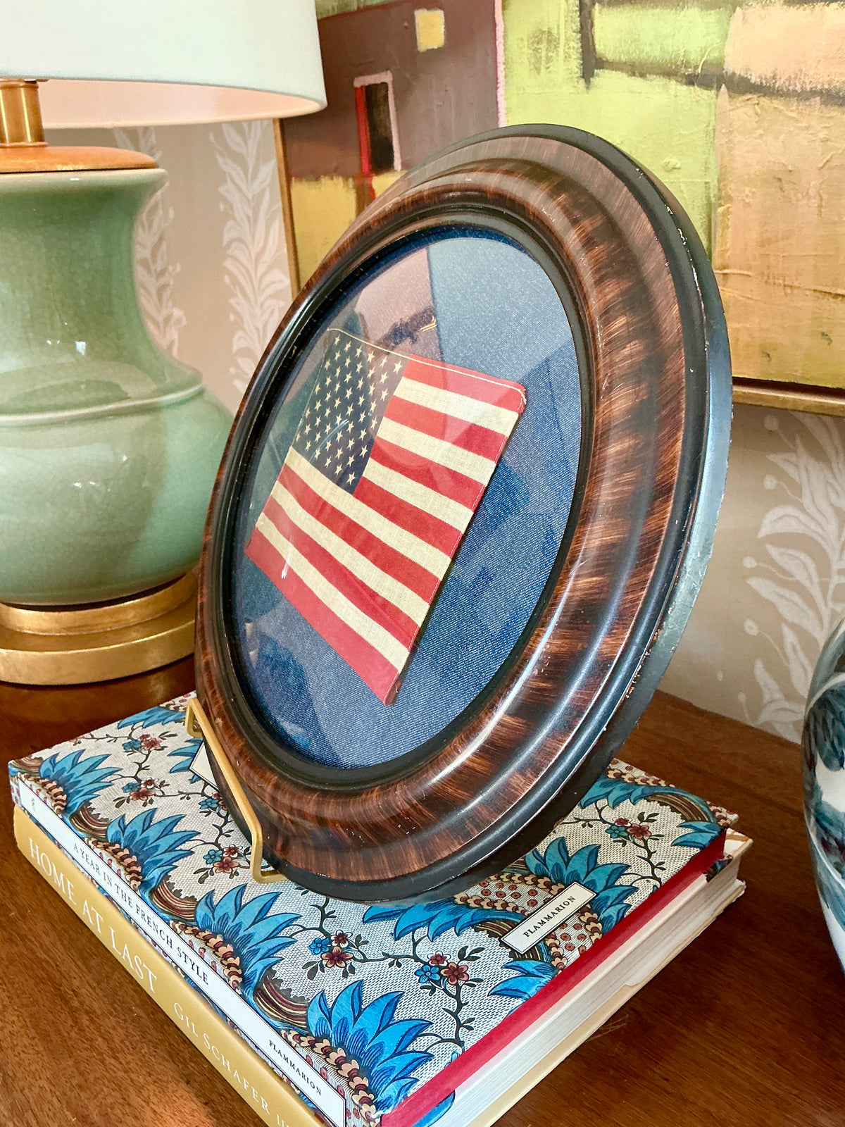Vintage 50 Star American Flag on Dark Chambray in Convex Glass Oval Wood Frame