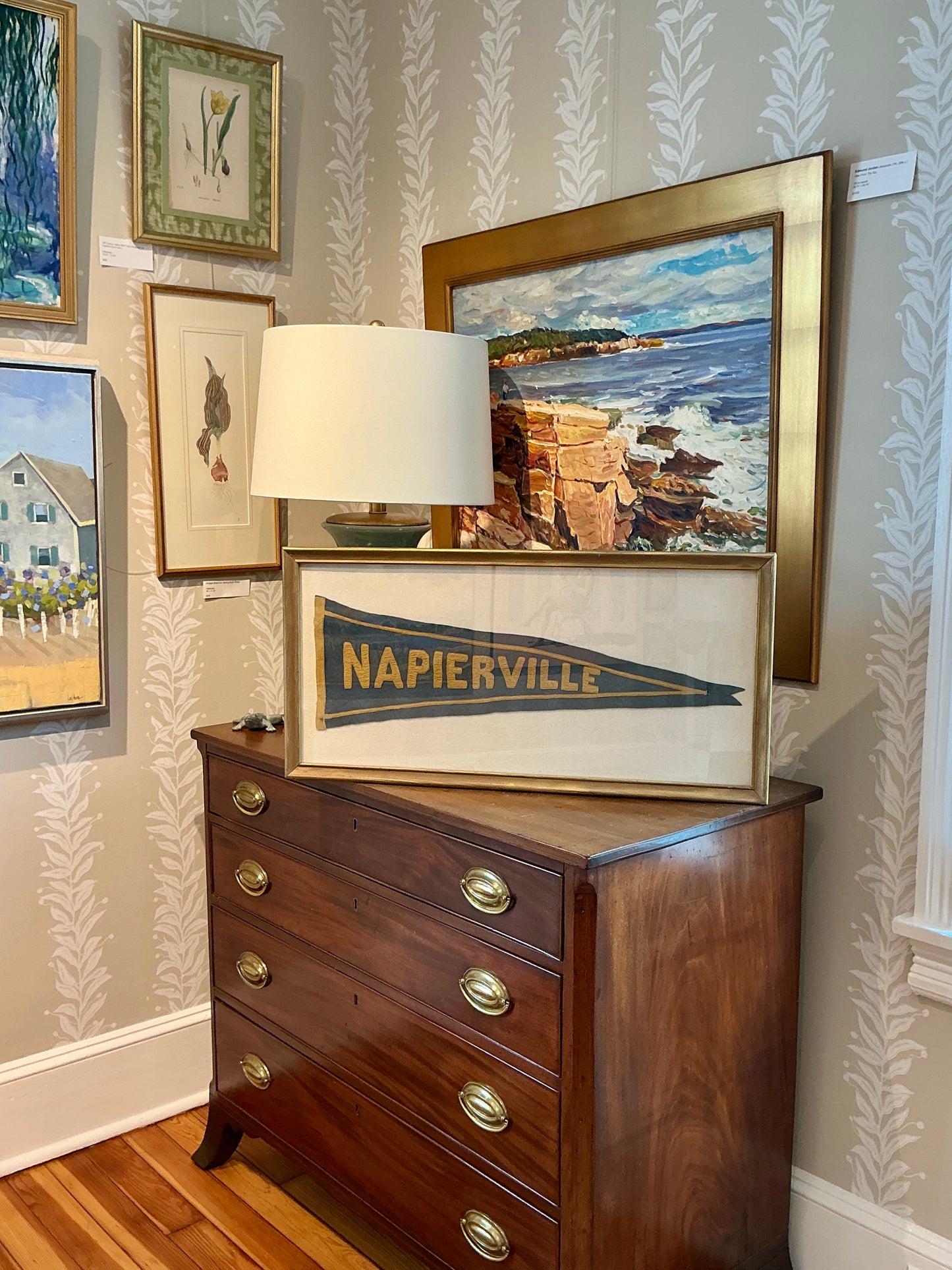 Antique 1920s Napierville, Quebec Pennant on Ivory Duck Cloth in Gold Frame