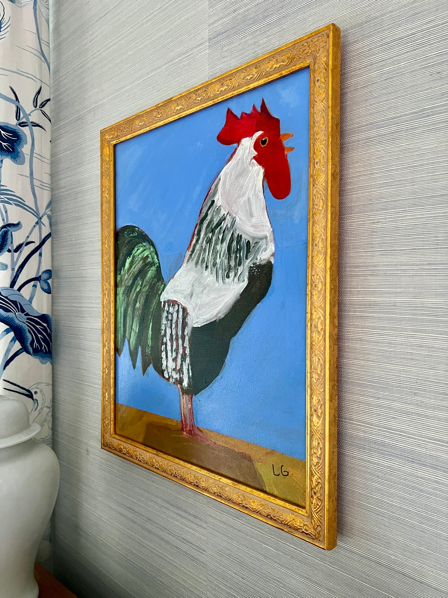 Contemporary Rooster Folk Art Portrait Painting in Carved Gold Frame
