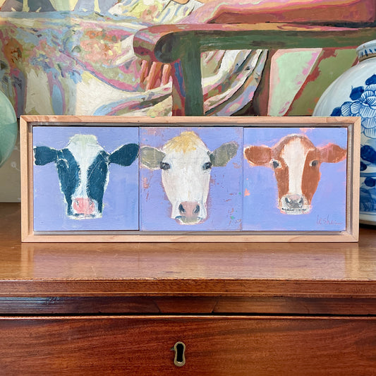Carol Lesher Cow Trio 1 Portrait Oil Painting in Wood Frame