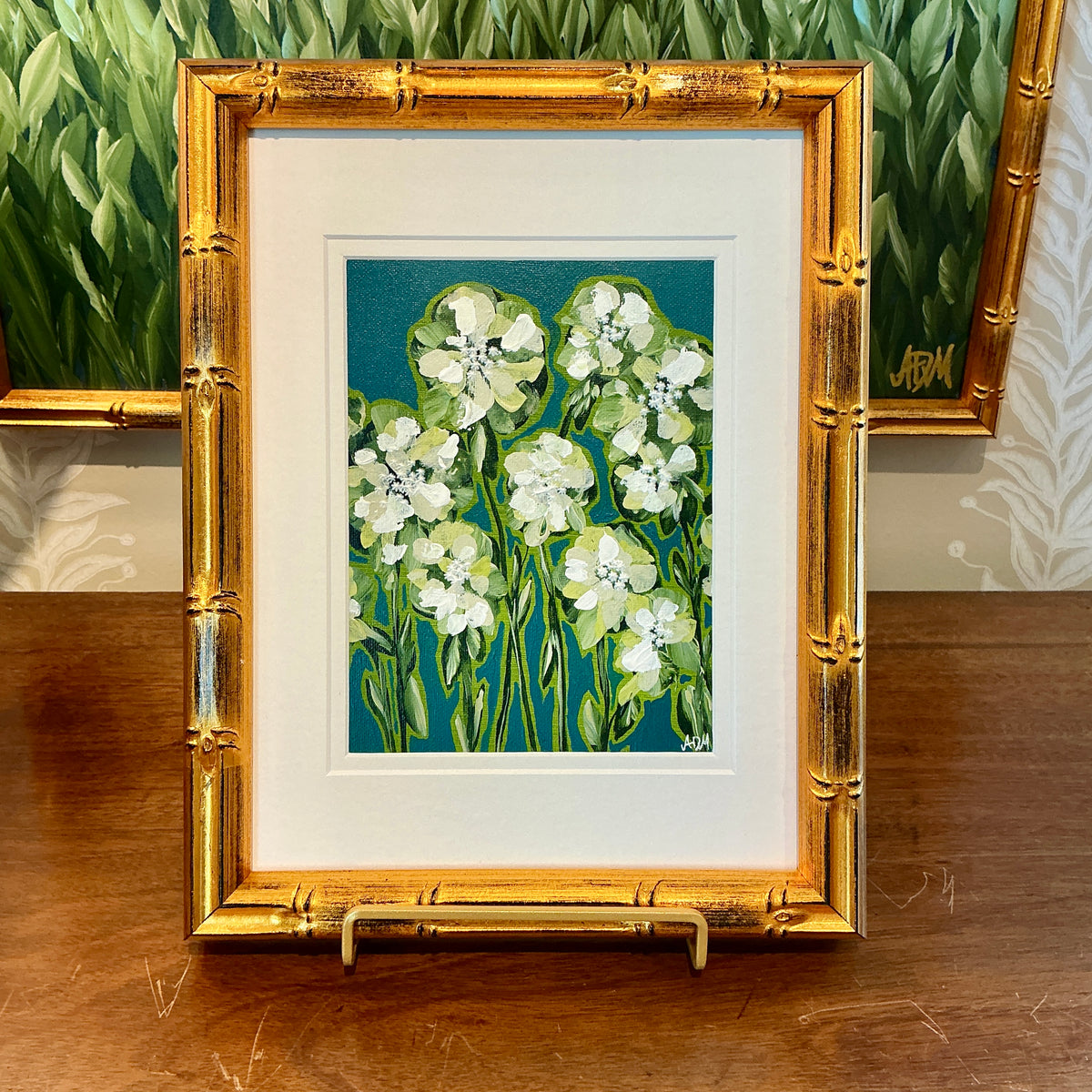 Alison Diamond McElroy The Green Hour Abstract Floral Painting in Gold Bamboo Frame