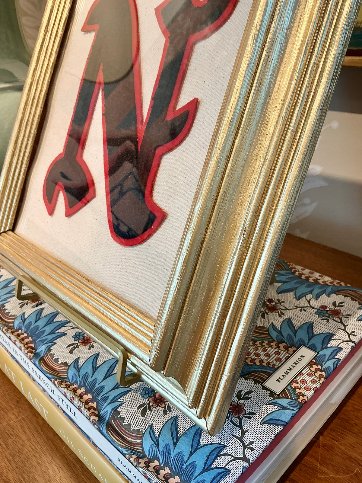 Vintage Varsity Letter Initial "N" on Ivory Duck Cloth in Gold Frame