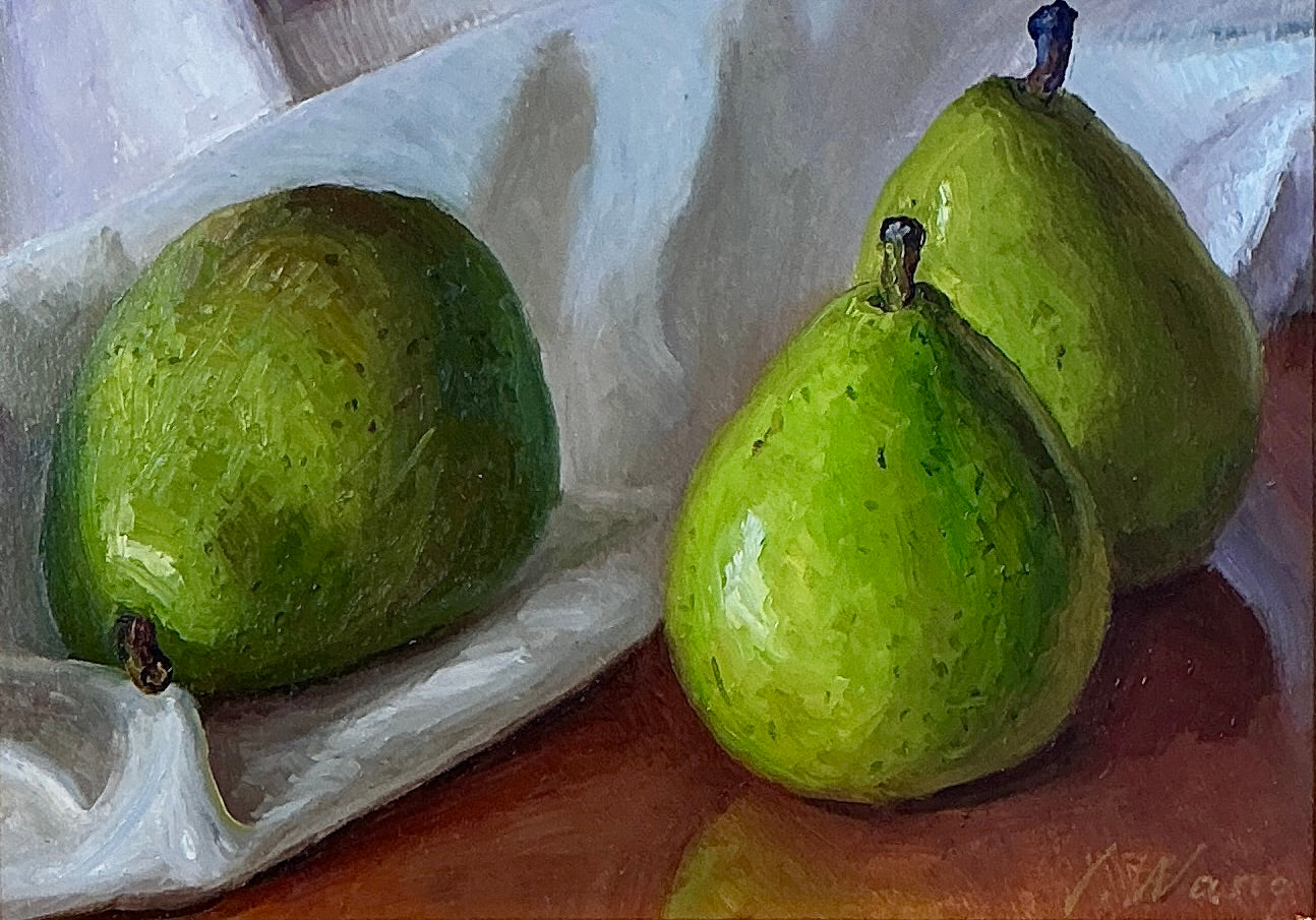 Youqing Wang Pear Trio Still Life Oil Painting in Gold Frame