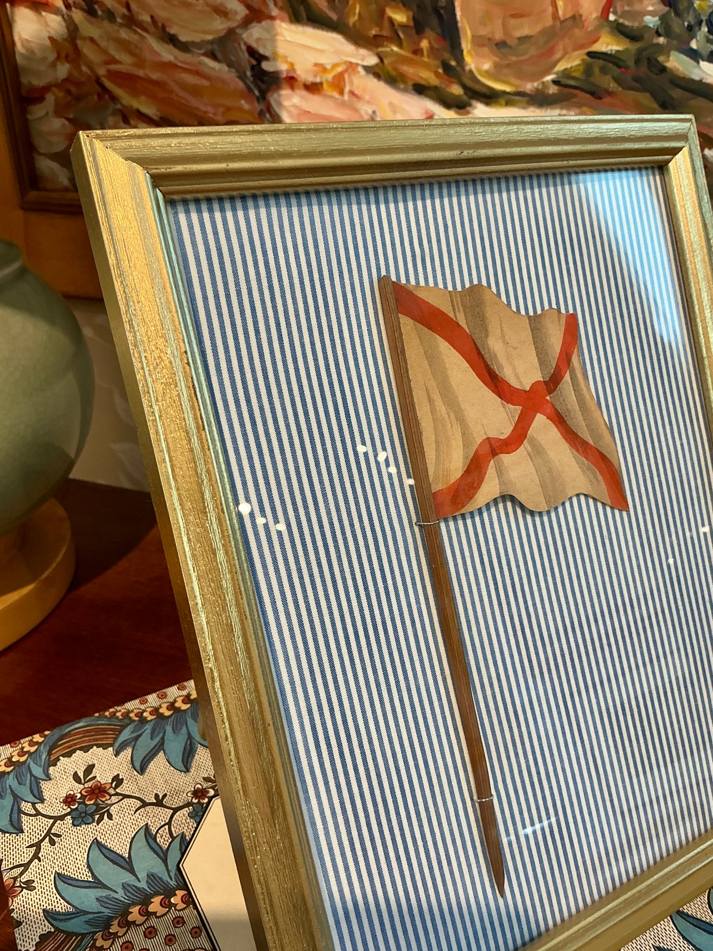 Antique 1905 Nautical Red and Tan Flag Oil Painting on Blue Ticking Stripes in Gold Frame