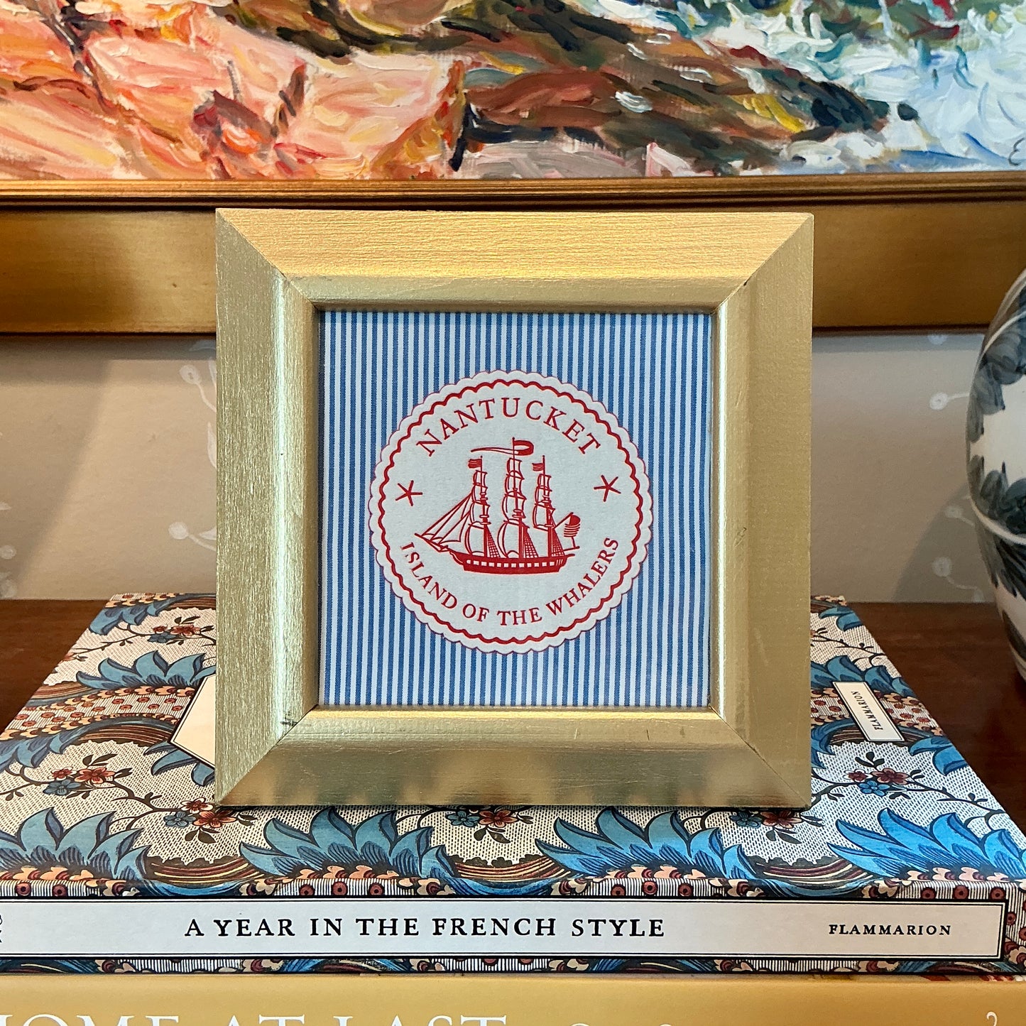 Nantucket Island of the Whalers Vintage 1950s Cocktail Napkin on Blue Ticking Stripes in Gold Frame