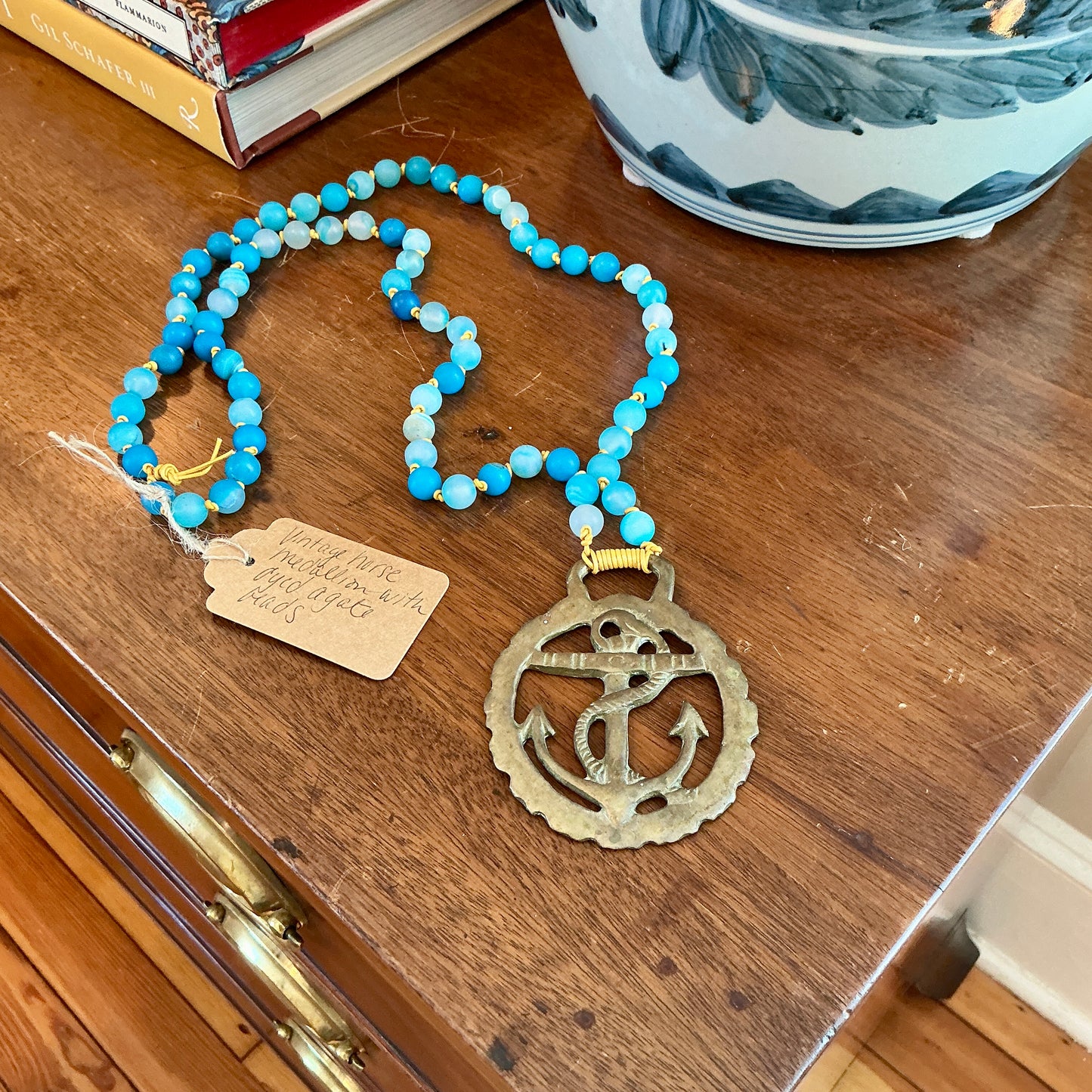 Antique English Horse Brass Anchor Medallion Agate Beaded Hand Knotted Necklace