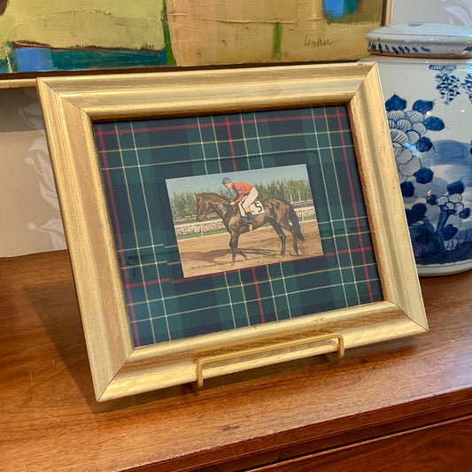 Vintage 1949 Triple Crown Horse and Jockey Postcard on Green Plaid in Gold Frame