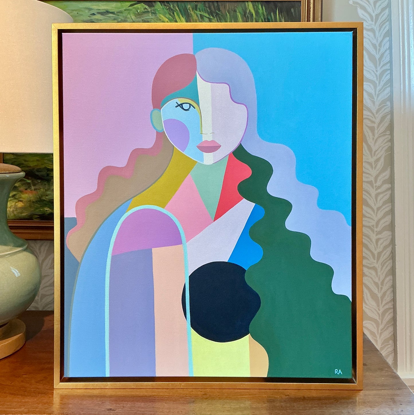 Rebecca Adler Lila Female Expressive Portrait Painting in Gold Floater Frame