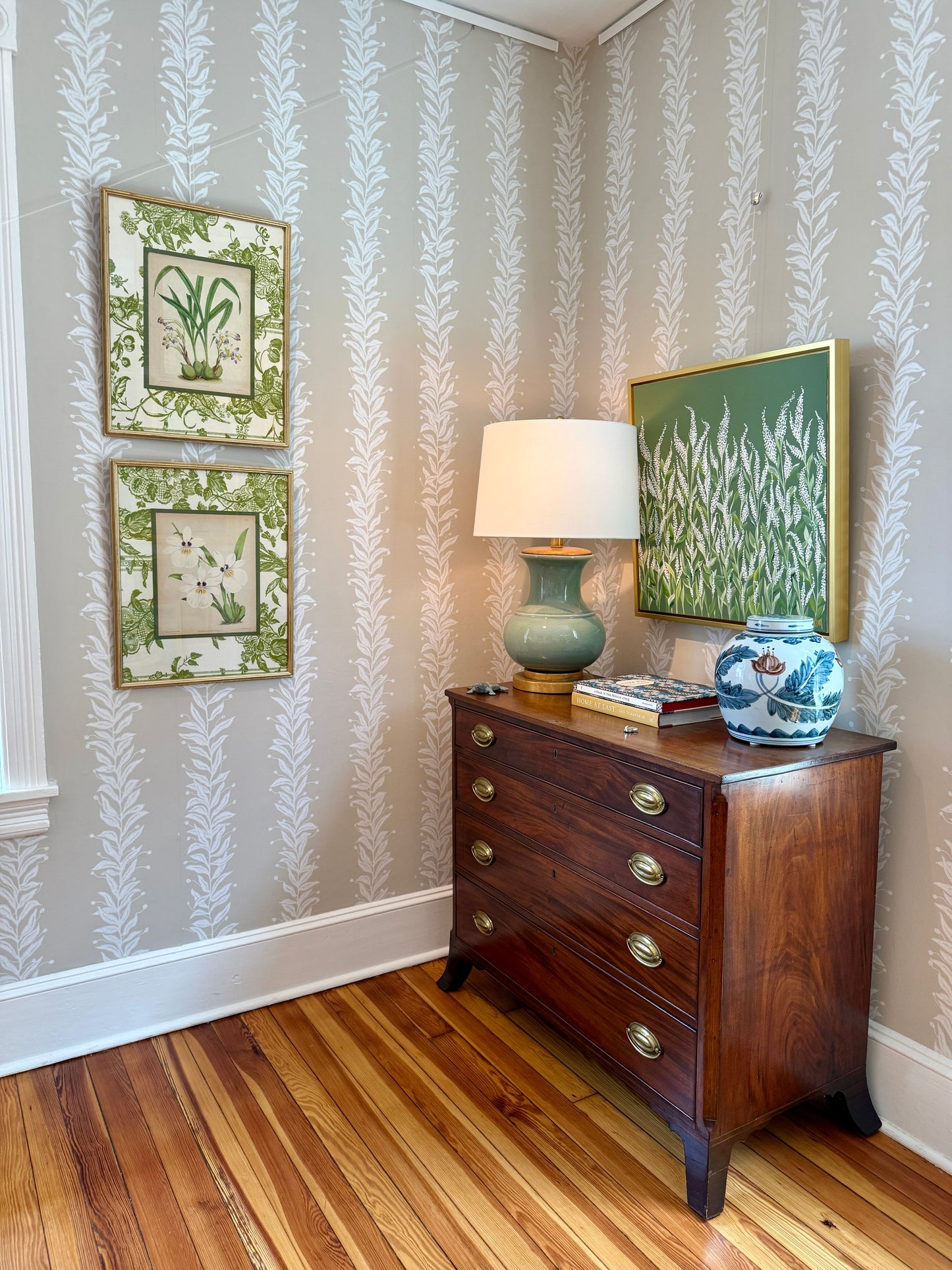 Pair of 19th Century Orchid Hand Colored Lithographs on Vintage Schumacher Green Toile in Gold Frames