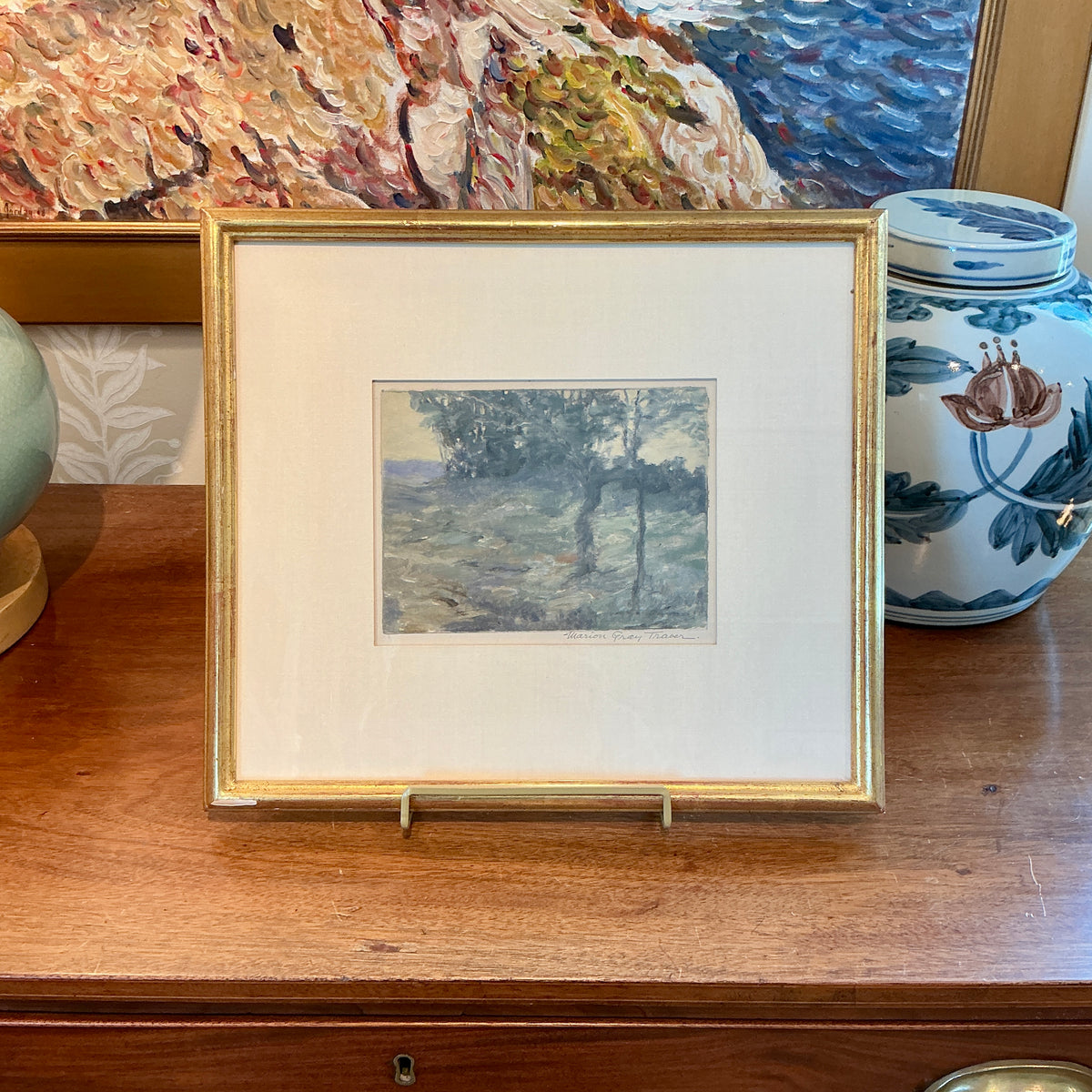 Marion Gray Traver Late Afternoon Landscape Monotype in Gold Frame