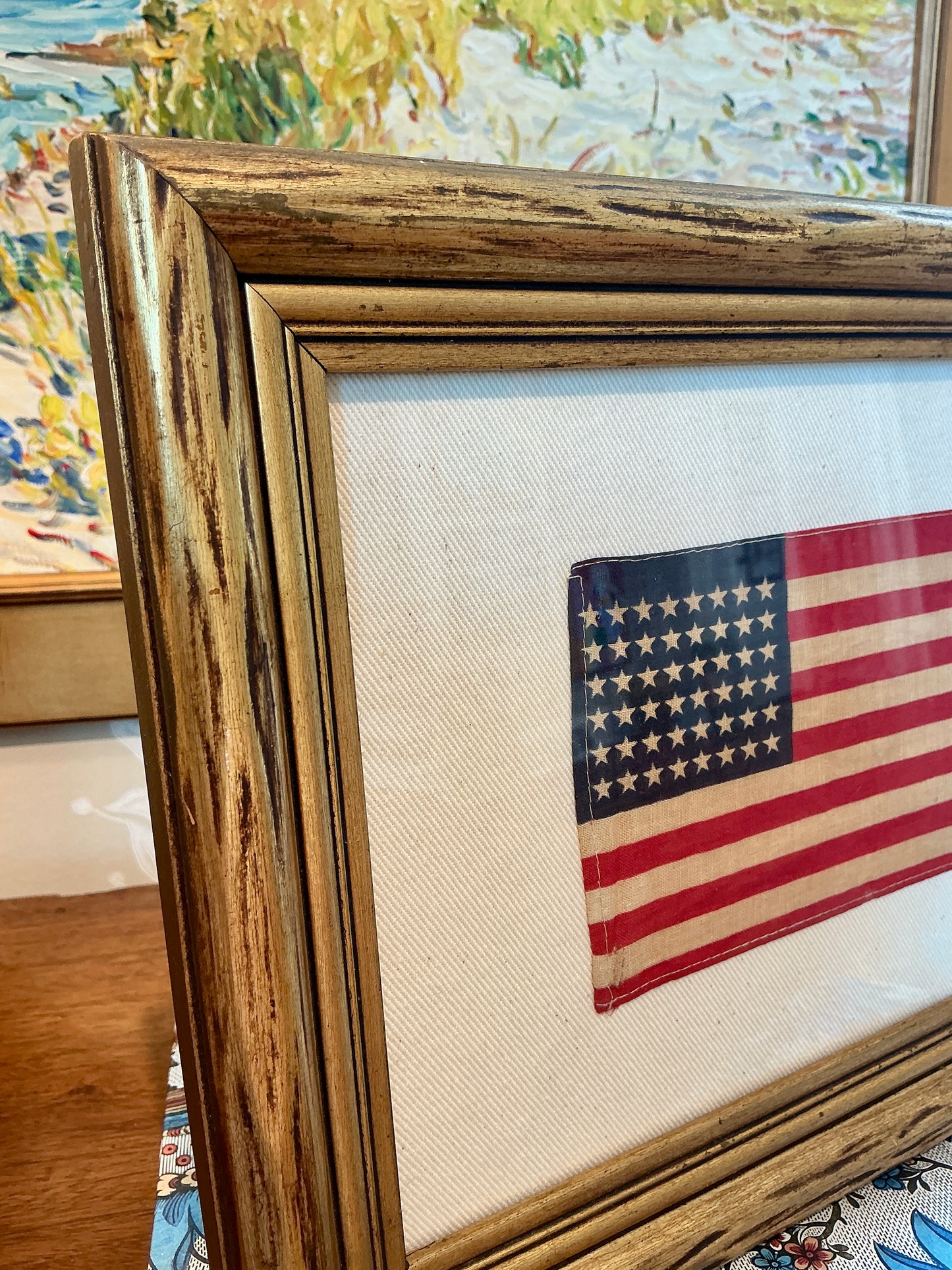 Vintage 48 Star American Flag on Ivory Sail Cloth in Antique Wavy Gold Frame