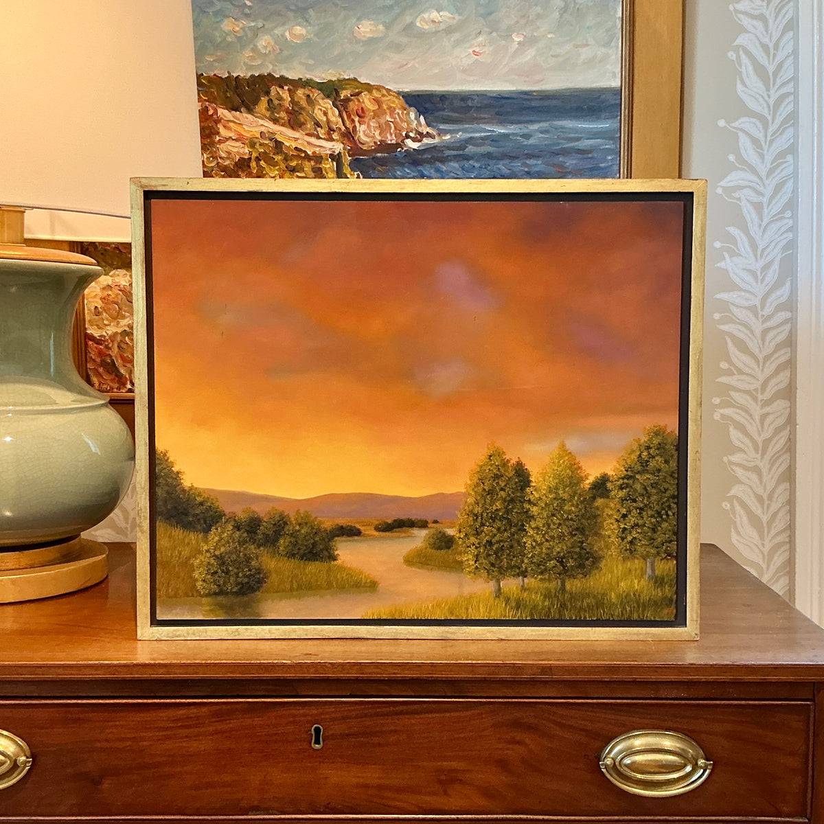 Greg Skol Winding River Psalm Sunset Landscape Oil Painting in Gold Floater Frame