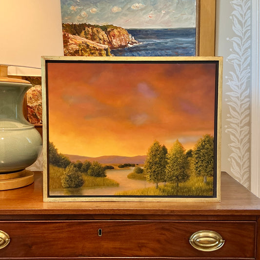 Greg Skol Winding River Psalm Sunset Landscape Oil Painting in Gold Floater Frame