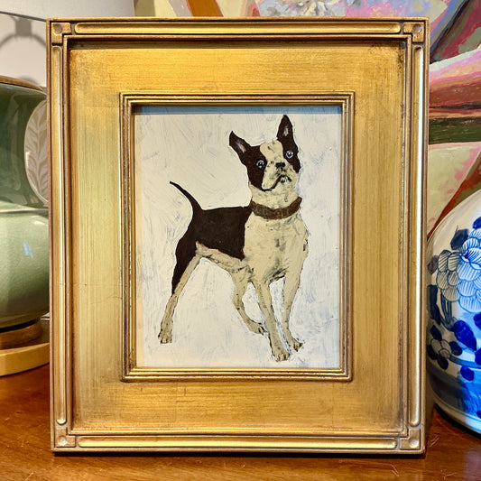 Boston Terrier Dog Portrait Oil Painting in Gold Frame