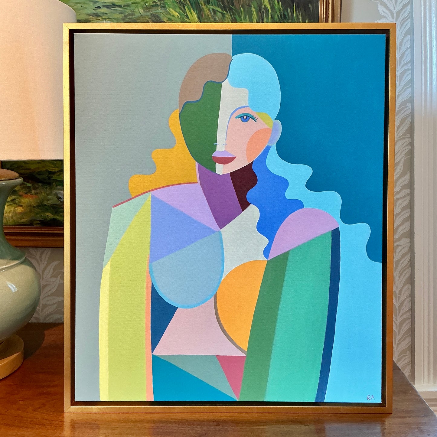 Rebecca Adler Domino Female Expressive Portrait Painting in Gold Floater Frame