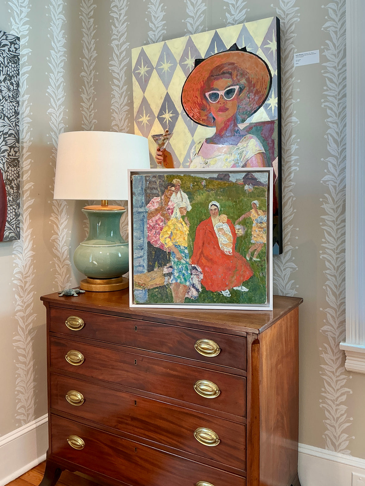 Mid Century The Summer Gathering Oil Painting In White Floater Frame