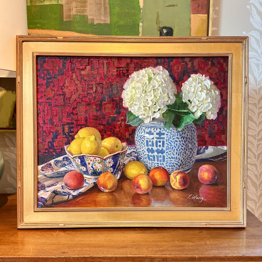 Youqing Wang Hydrangeas with Lemons, Peaches and Chinoiserie Jar Still Life Oil Painting in Gold Frame