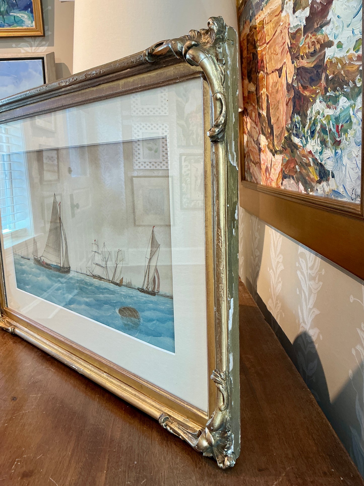 19th Century Sailboat Seascape Watercolor Painting in Ornate Gold Frame
