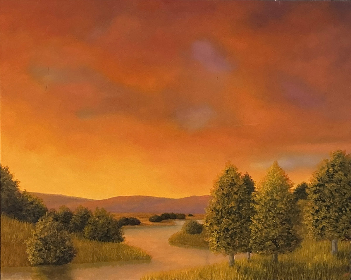 Greg Skol Winding River Psalm Sunset Landscape Oil Painting in Gold Floater Frame