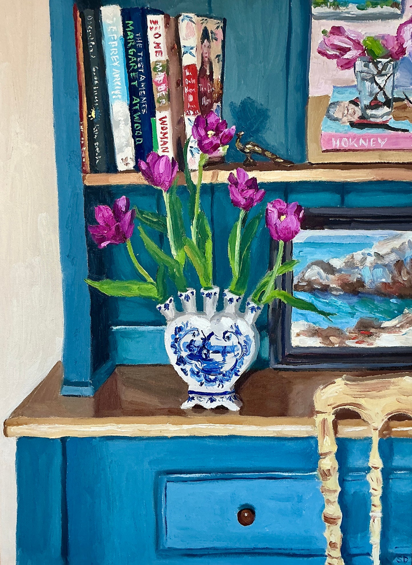 Stephanie Doucet Delft Tulipiere On The Blue Shelves Still Life Oil Painting in Gold Frame