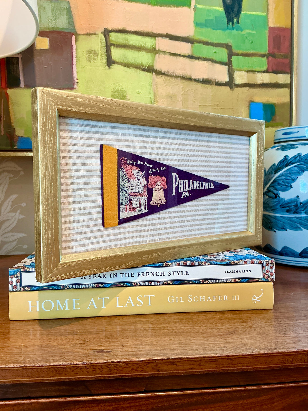 Vintage Philadelphia Felt Pennant on Taupe Stripes in Gold Frame