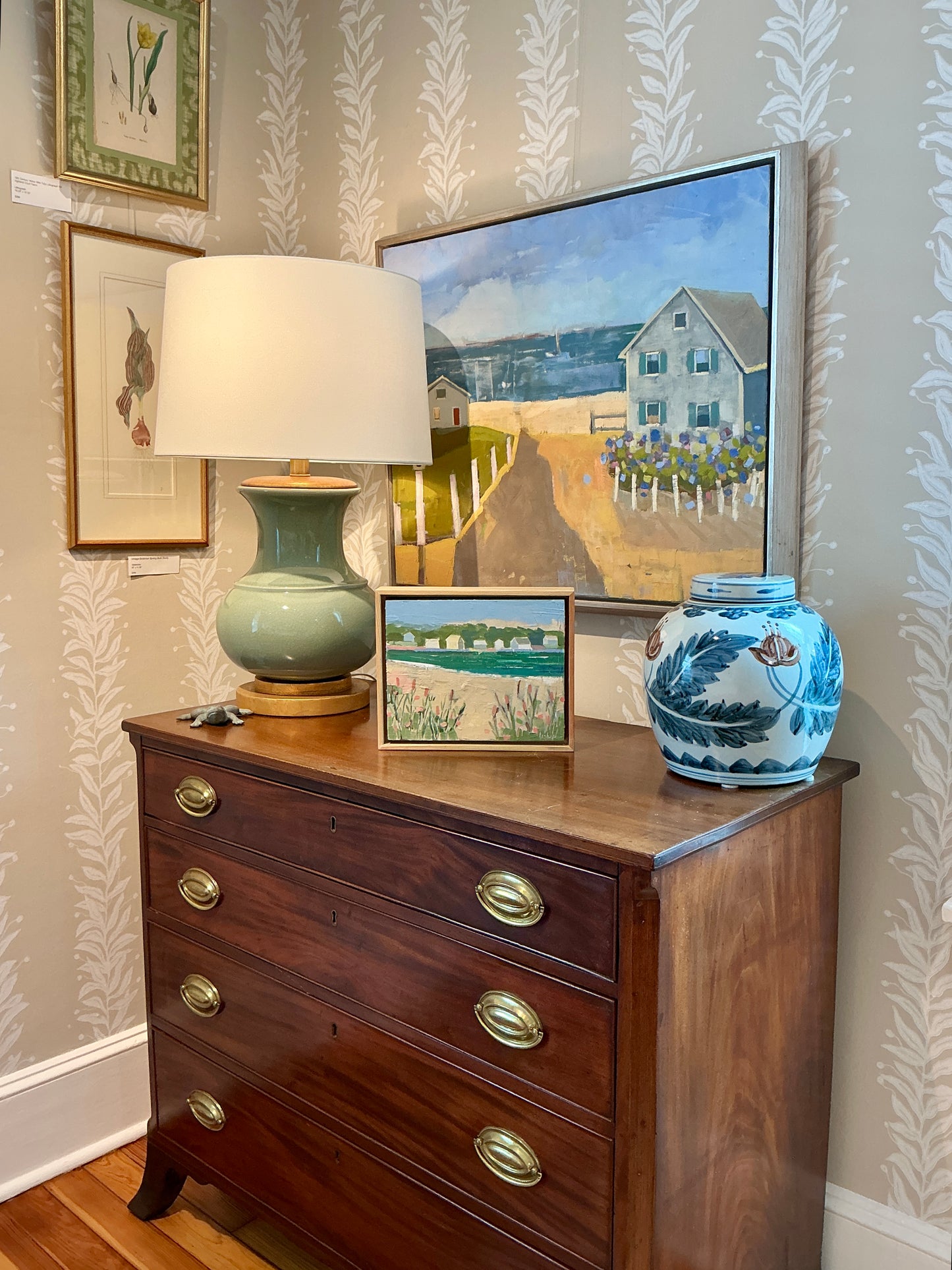 Carol Lesher After Noon Coastal Landscape Oil Painting in Natural Wood Frame