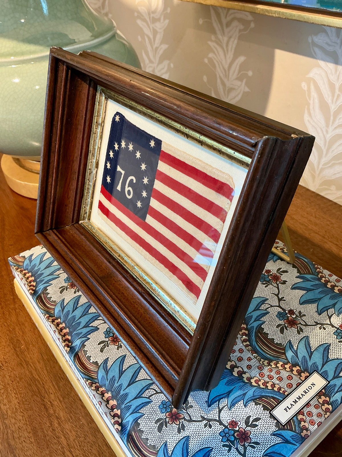 Vintage Bicentennial Bennington 13 Star American Flag on Ivory Duck Cloth in Antique Walnut Frame with Gilded Liner