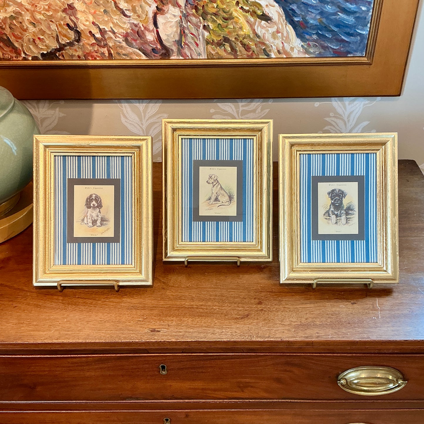 Set of 3 1930s Tobacco Cards With Dogs on Blue Ticking Stripes in Gold Frames