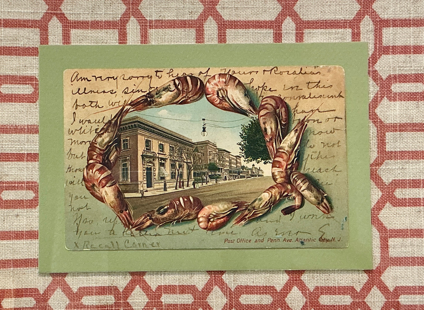 Vintage Atlantic City Postcard on Rose and Cream Twill in Gold Frame