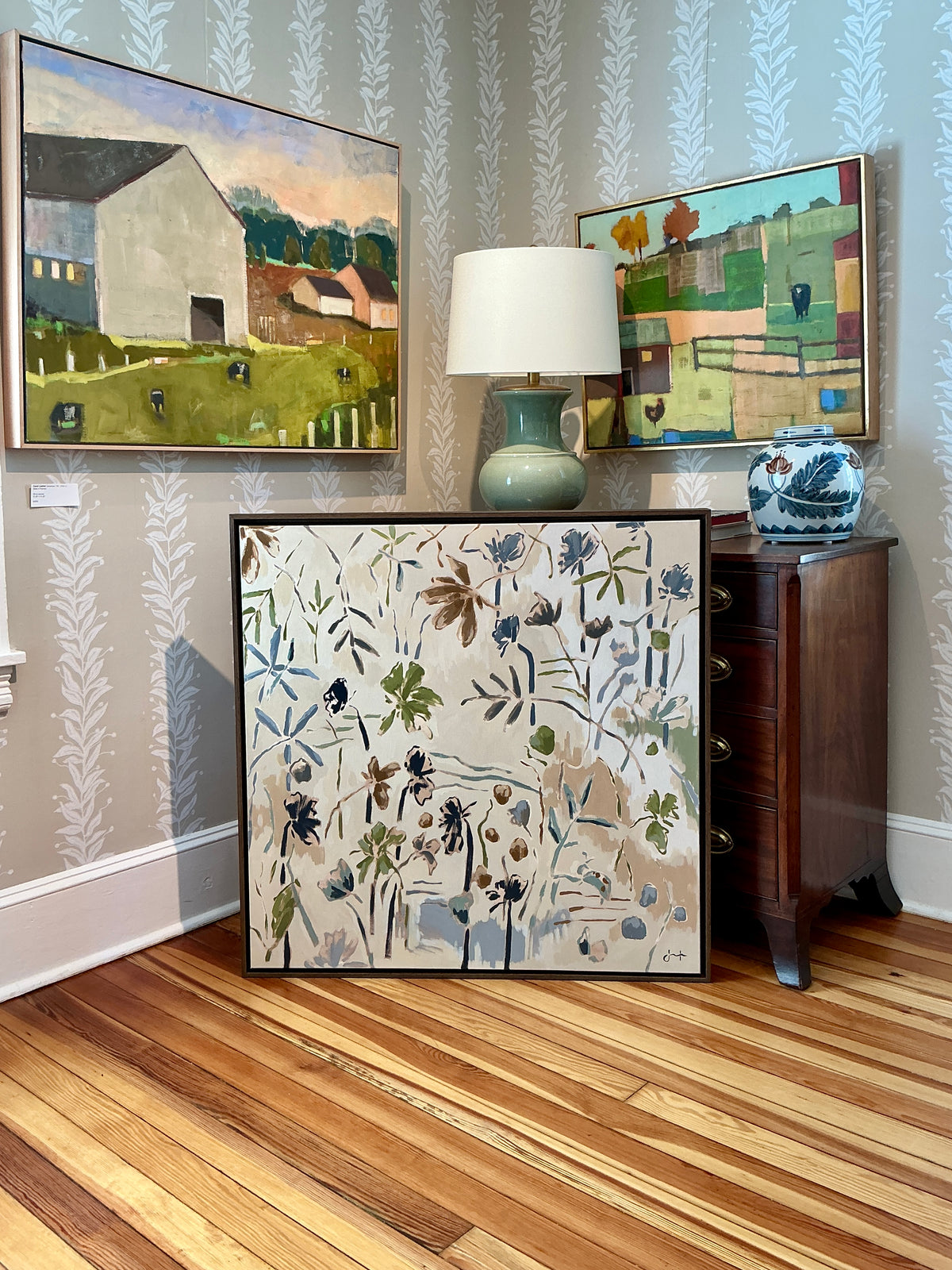 Jessa Butler Picnic With Ladybugs Expressionist Botanical Painting in Wood Floater Frame