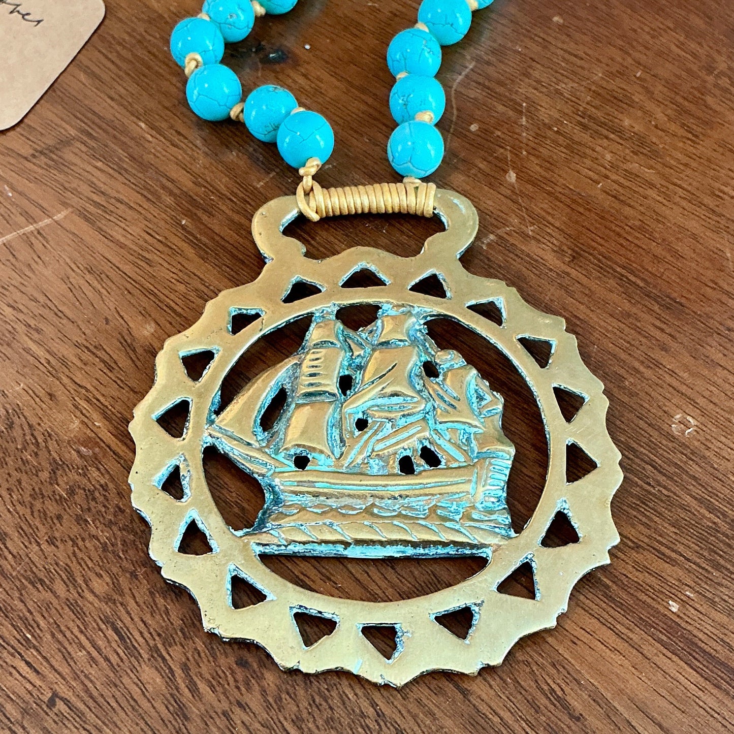 Antique English Horse Brass Ship Medallion Turquoise Beaded Hand Knotted Necklace