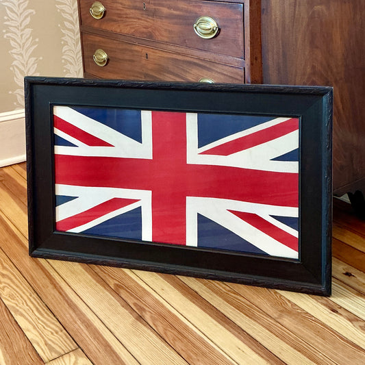 Vintage Union Jack British Flag in Antique Dark Carved Wood Frame