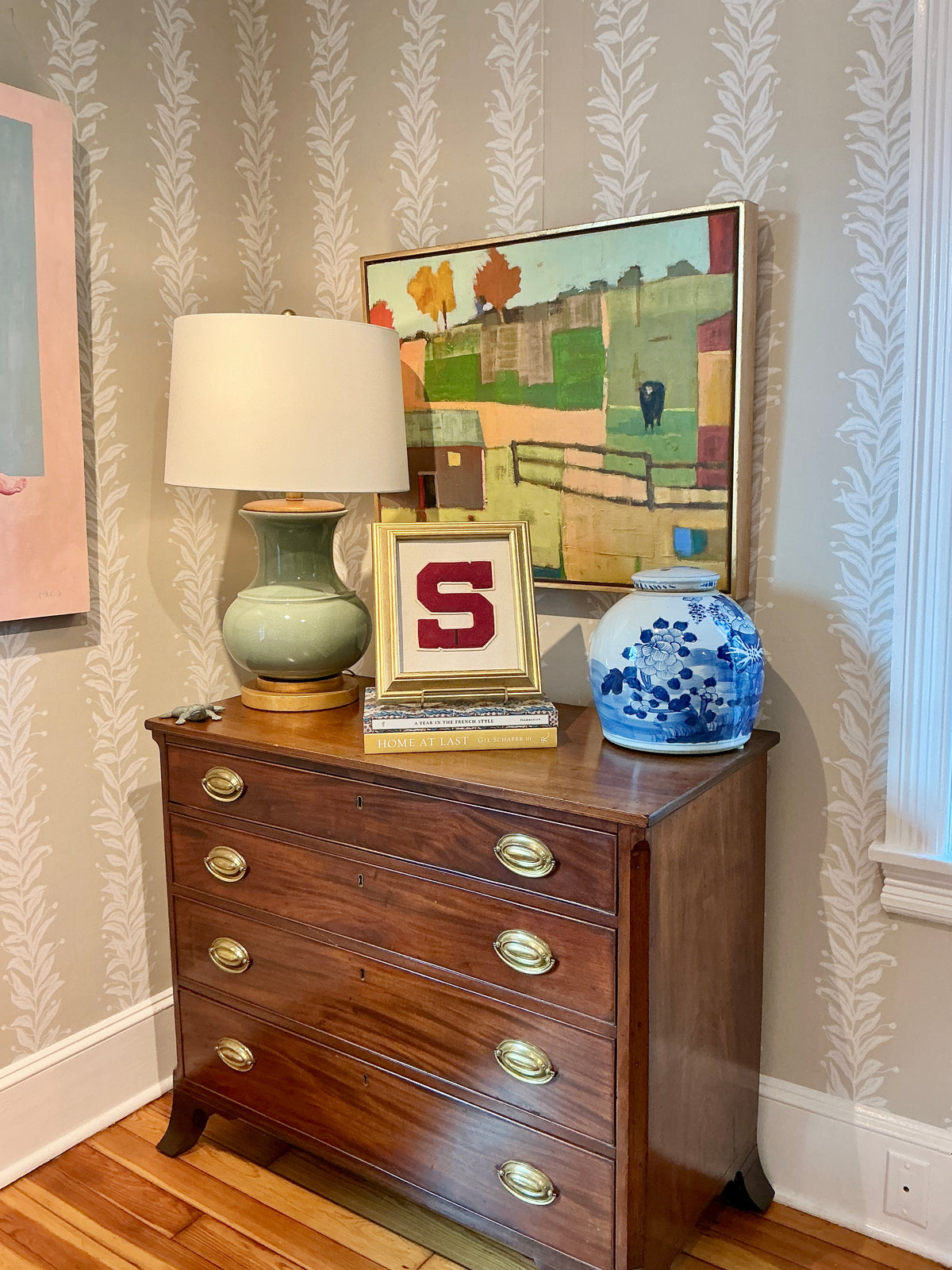 Vintage Varsity Letter Initial "S" on Ivory Duck Cloth in Gold Frame