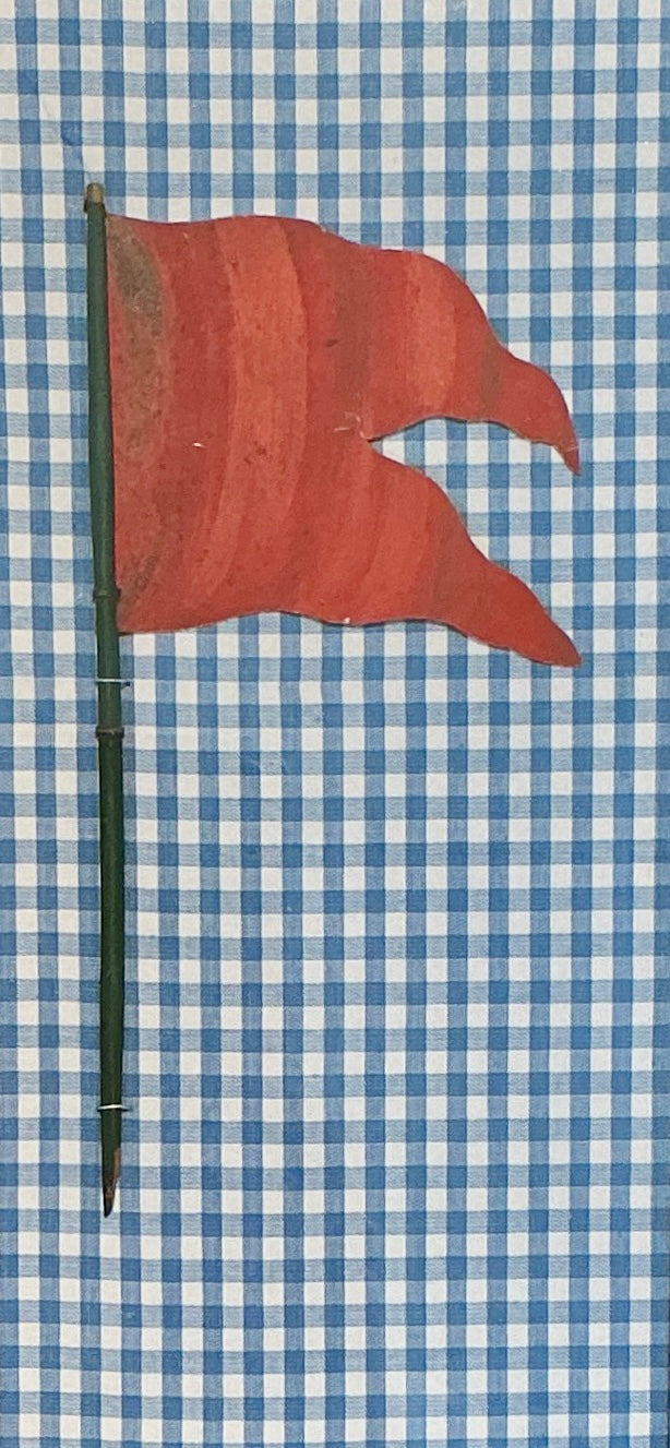 Antique 1905 Nautical Red Flag Oil Painting on Blue Gingham in Gold Frame