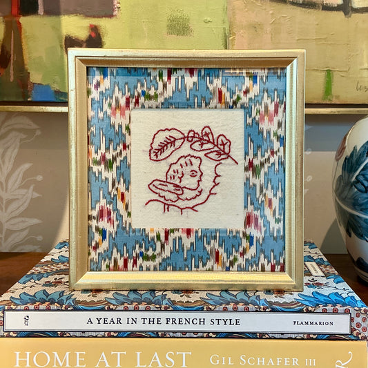 Antique Redwork Butterfly Embroidery in Vintage Cowtan Tout Fabric Wrapped Mat in Gold Frame