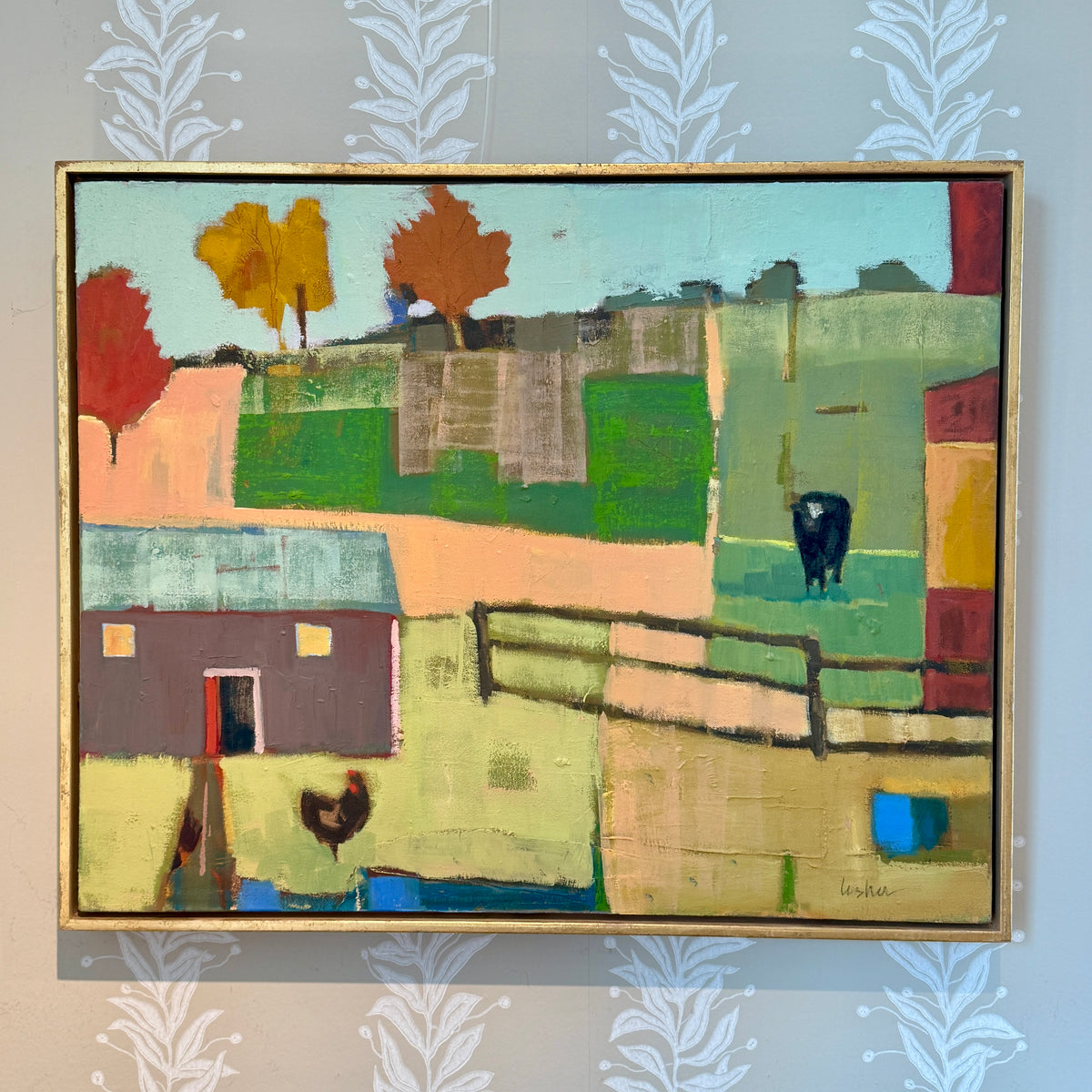 Carol Lesher Shelter Landscape Oil Painting in Natural Wood Floater Frame with Gold Facing