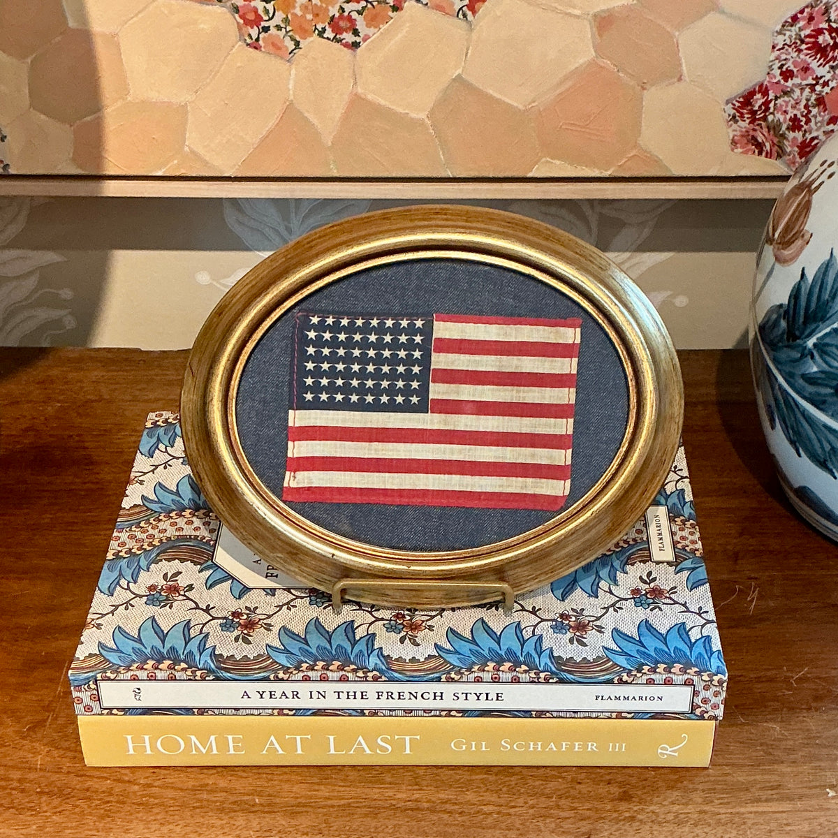Vintage 48 Star American Flag on Dark Chambray in Oval Gold Frame