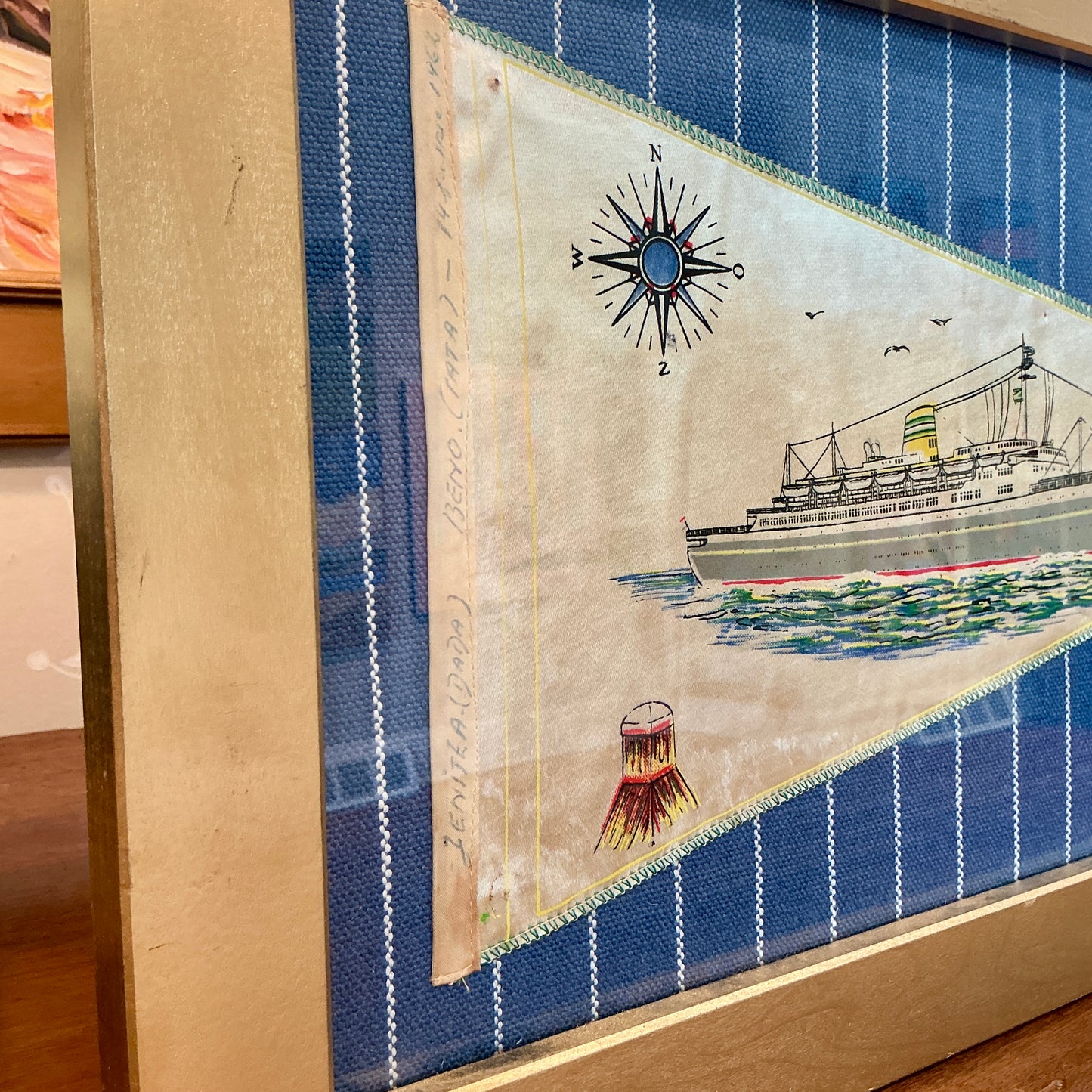 Vintage S.S. Statendam Satin Naval Ship Pennant on Serena and Lily Blue Stripe Pique in Gold Frame