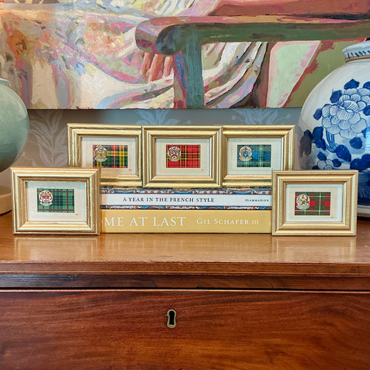 Set of Five Antique Scottish Tartan Tobacco Silks on Ivory in Gold Frames