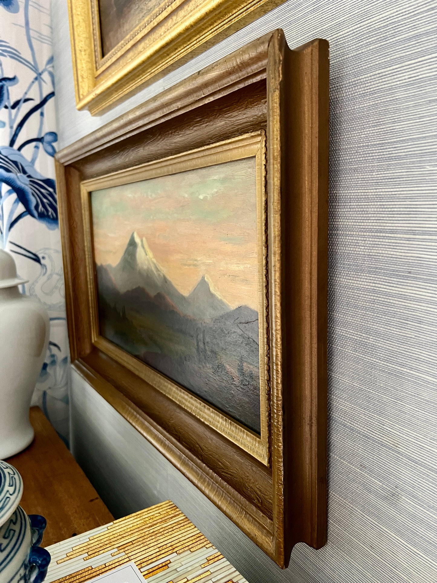 Antique American West Mountain Landscape Painting in Dark Gold Wood Frame