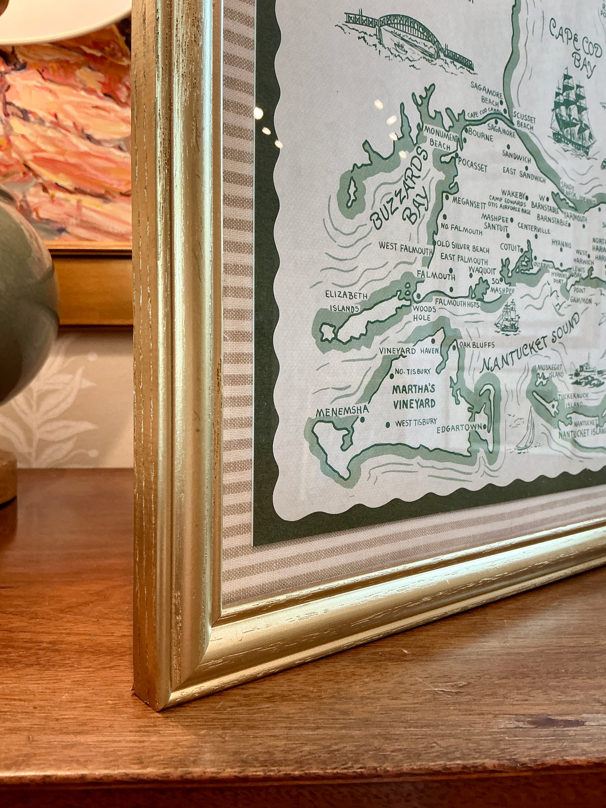 1962 Vintage Cape Cod Nantucket Martha's Vineyard Placemat Map on Taupe Stripes in Gold Frame