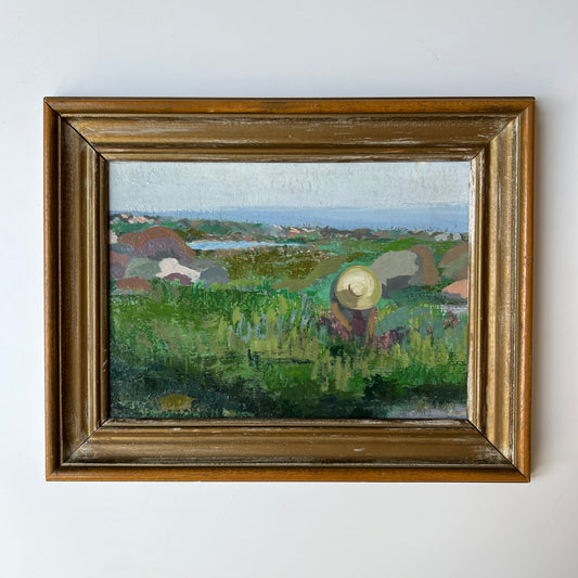 Katherine Yates "Mariel Picking Sea Lavender" Impressionist Painting in Gold Frame